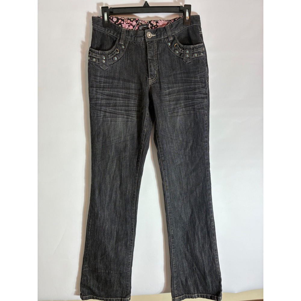 Y2K Dark Wash Turquoise Studded Flare Jeans Cyber McBling Low Rise Denim S